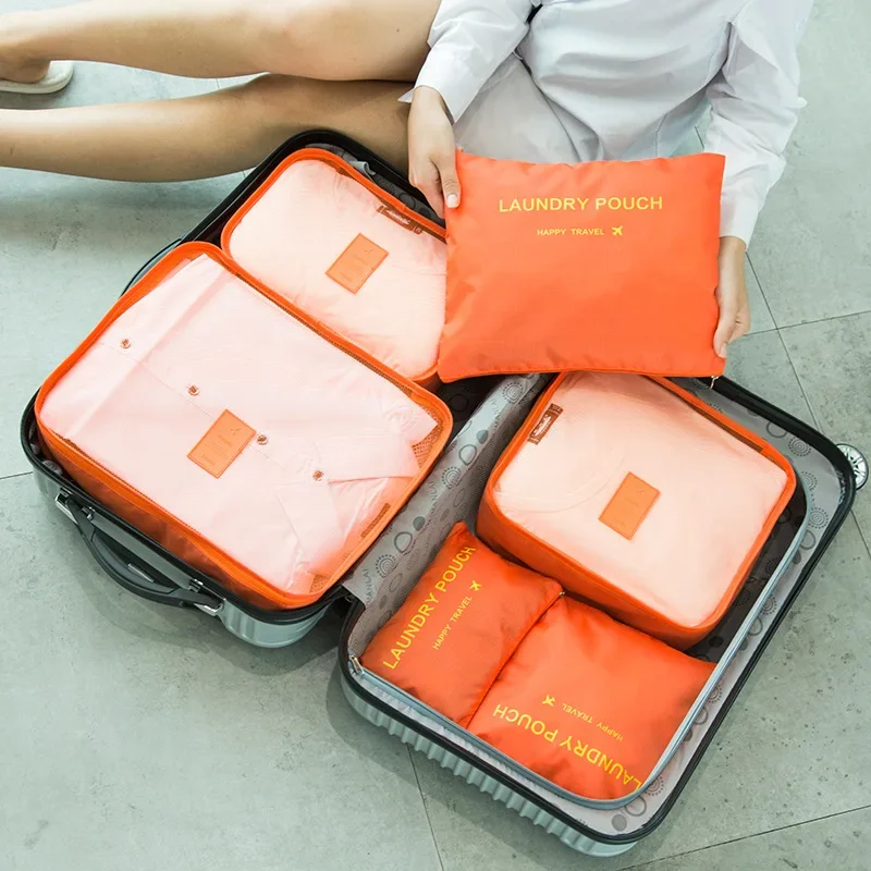 6 PCS Travel Storage Bag Set for Clothes Tidy Organizer Wardrobe Suitcase Pouch Travel Organizer Bag Case Shoes Packing Cube Bag: Orange