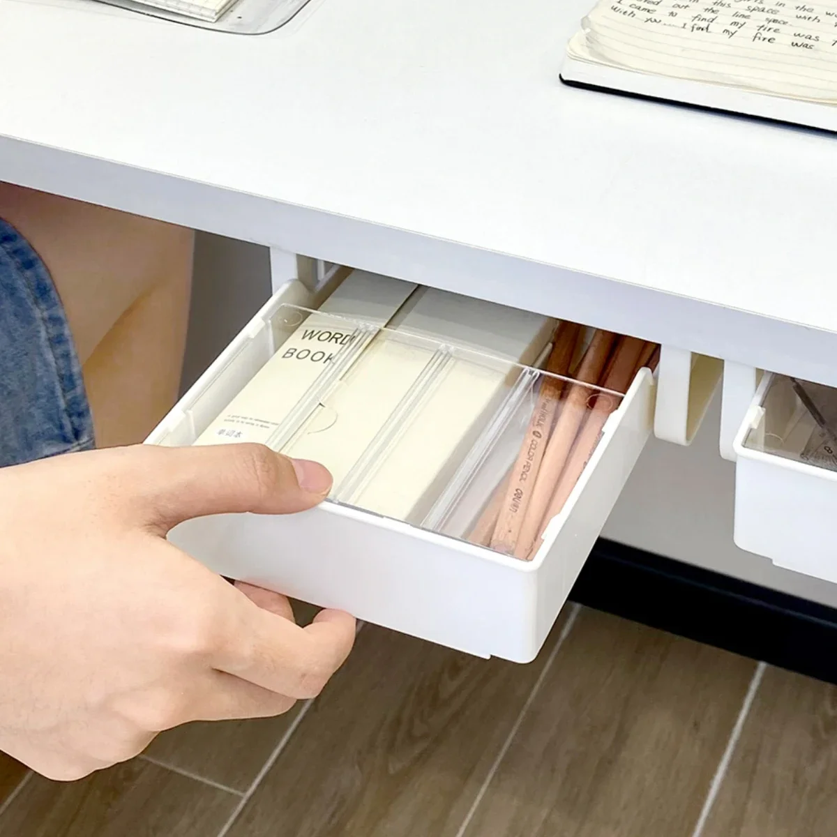 Caja de almacenamiento adhesiva con cajón oculto debajo de la Mesa, escritorio de oficina, papelería de gran capacidad, organizador de estante inferior para mesa de cosméticos