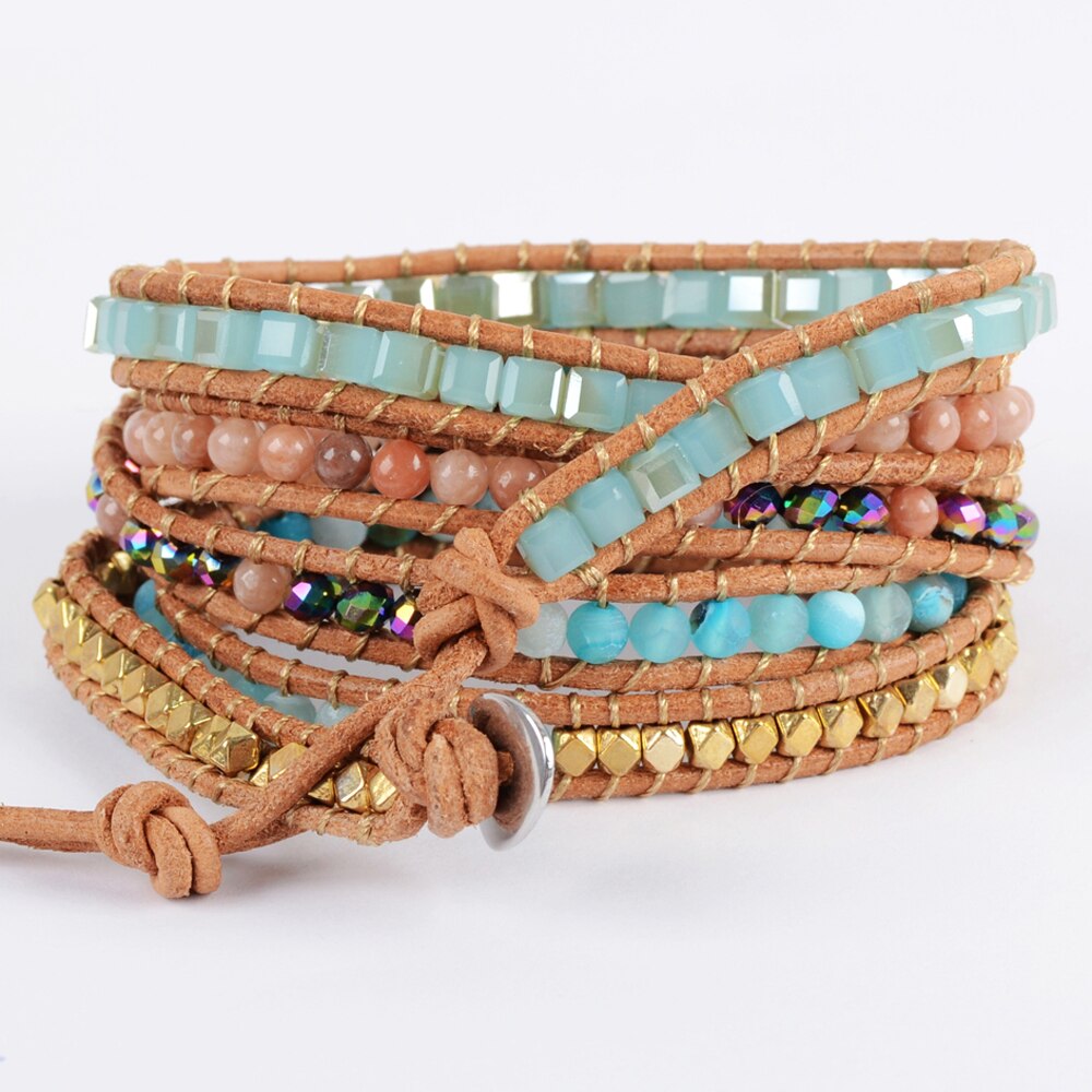 Unieke Gemengde Vergulde Stenen Charm 5 Strengen Wrap Armbanden Handgemaakte Turkoois Boho Armband Vrouwen Lederen Armband