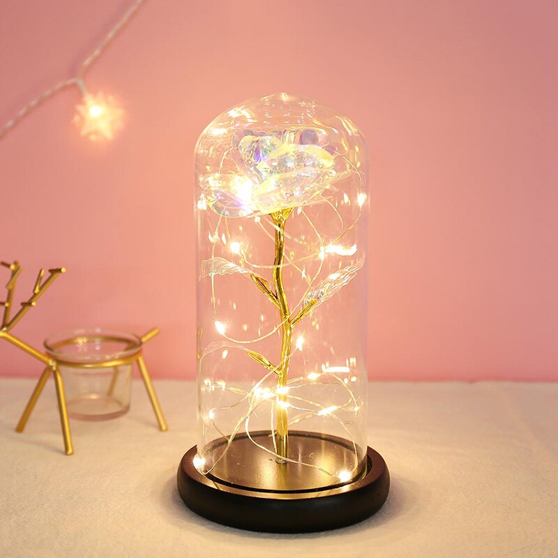 Artificial Eternal Rose LED Light Beauty The Beast Rose Flower In Glass Dome Wooden Base For Decorate Valentine's Day: XOI1075C