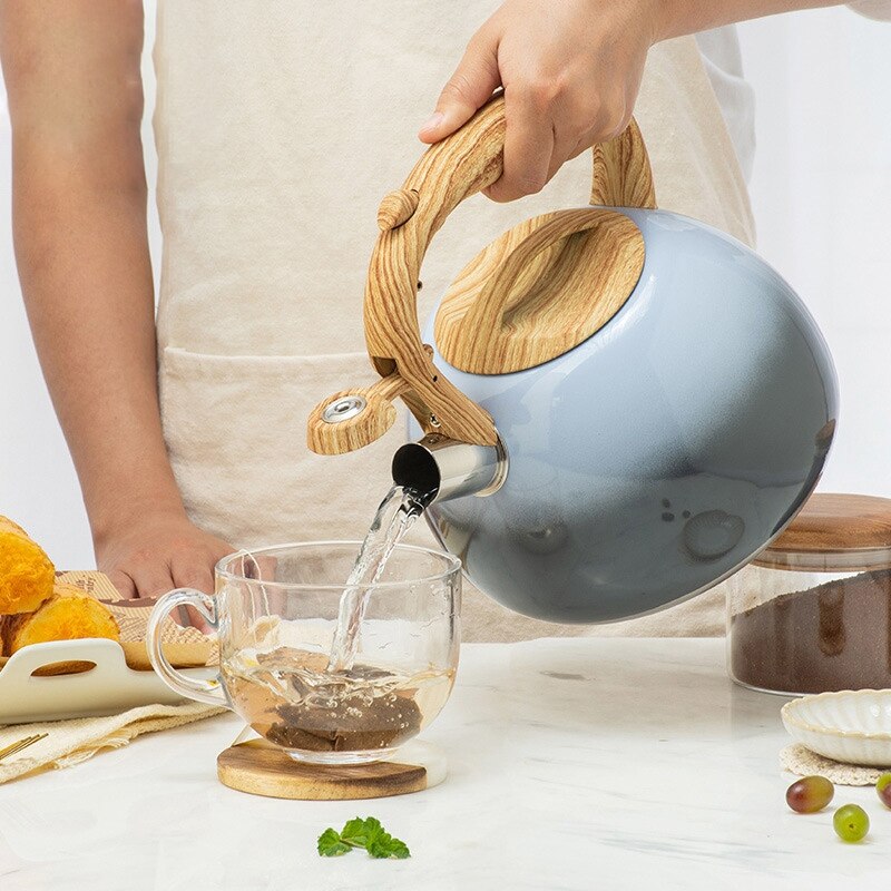 2.8 qt vattenkokare, visselpanna i rostfritt stål, vattenkokare med spishäll med trävärmehandtag: Default Title