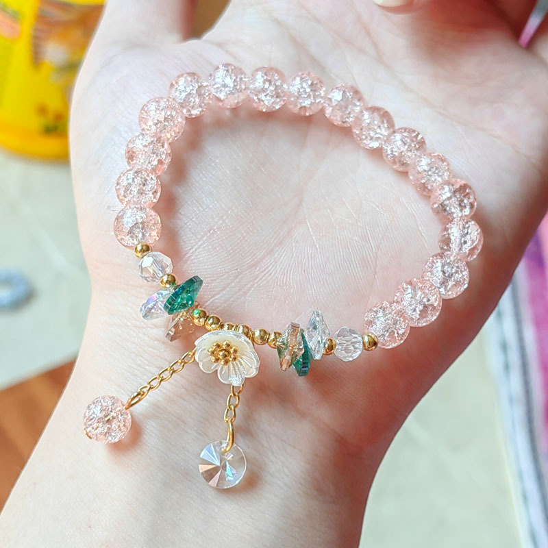 Bonita pulsera de cuentas de cristal verde para mujer, pulsera elástica ajustable con dije de flor de Lily Valley, joyería de cumpleaños y boda: Bañado en rodio de imitación