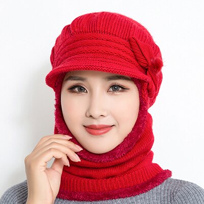 Female Neck Warmer autumn winter Beanies Hats Mask Women Winter Hat Knitted Hats Scarf Set Beanie Ski Caps Woman: red