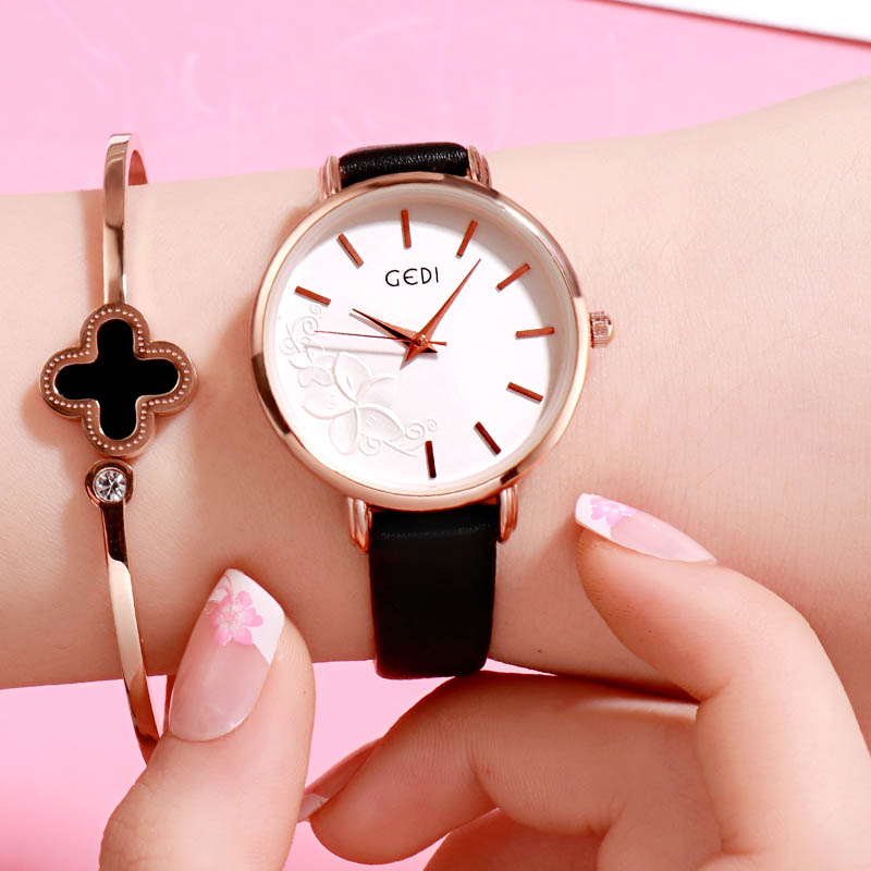 GEDI Frauen Uhr Ultra-dünne Quarzuhr Einfache Stil Geschäft Uhr Dame Lederband Uhr Frauen Armbanduhr Reloj mujer: Schwarz