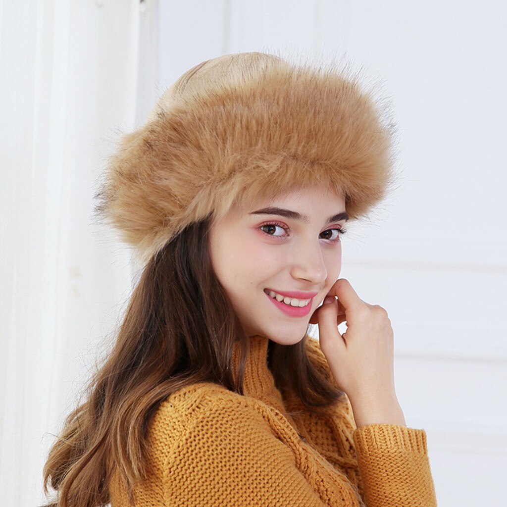 Winter Faux Fur Hats Women Winter Mongolian Russian Outdoor Hat Solid Thick Warm Solid Earmuffs Woollen Hat