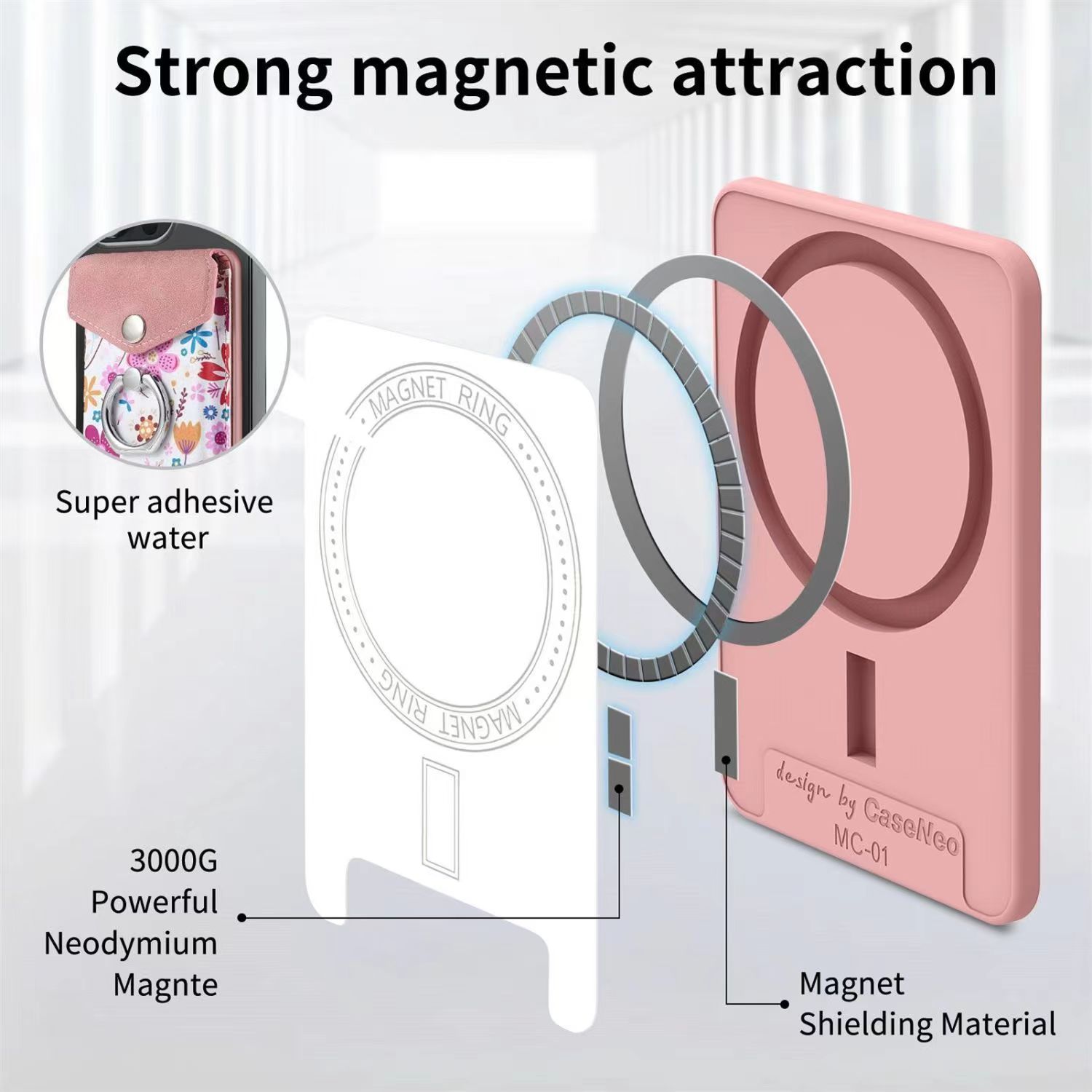 Floral Pattern Magsafe Wallett Card Holder Removable Silicone Security Box Card Holder with Bracelet Holder for Iphone Apple