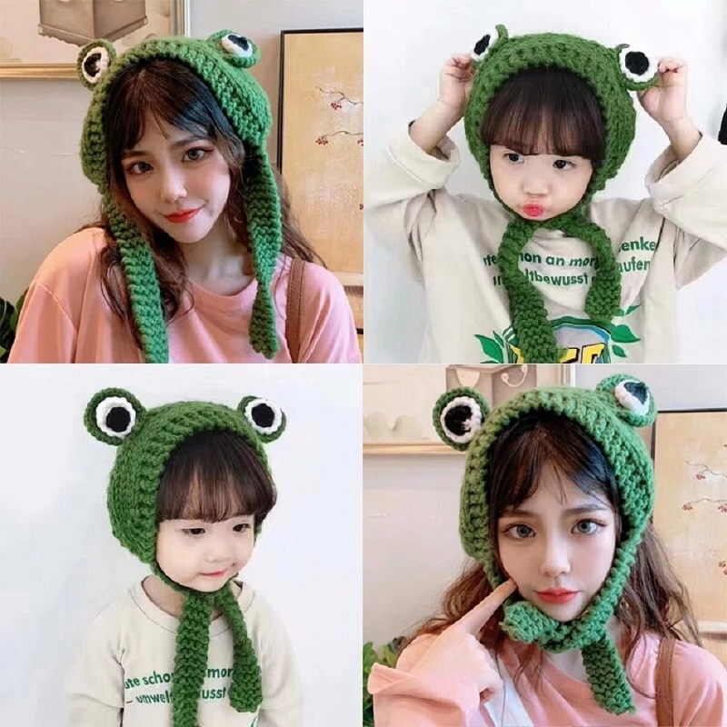 Funny Frog Hat Unisex Women Kids Girls Crochet Knitted Costume Beanie Hats Cap Skullies Party Dress Up
