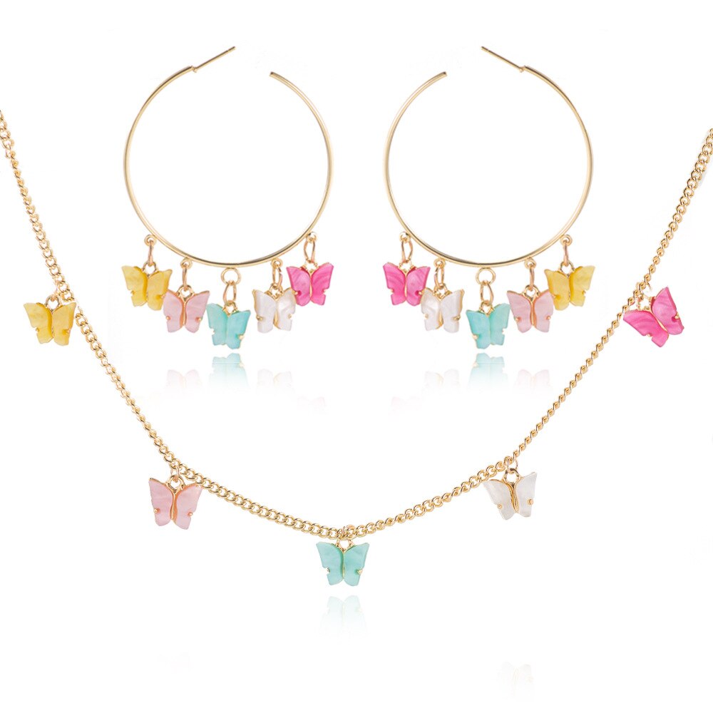Moda akrylowy motyl naszyjnik z frędzlami dla kobiet wielobarwne cukierki kolorowe motyle łańcuszek robić obojczyka choker komunikat biżuteria: Earrings i Necklac