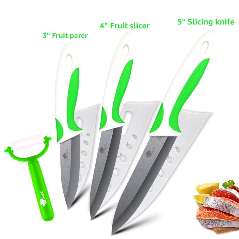 Kitchen Ceramic Knife 3 4 5 6 inch + Peeler Chef Paring Utility Slicing Fruit Vegetable Knife Black Blade Kitchen Cooking Tool: 345 Green White