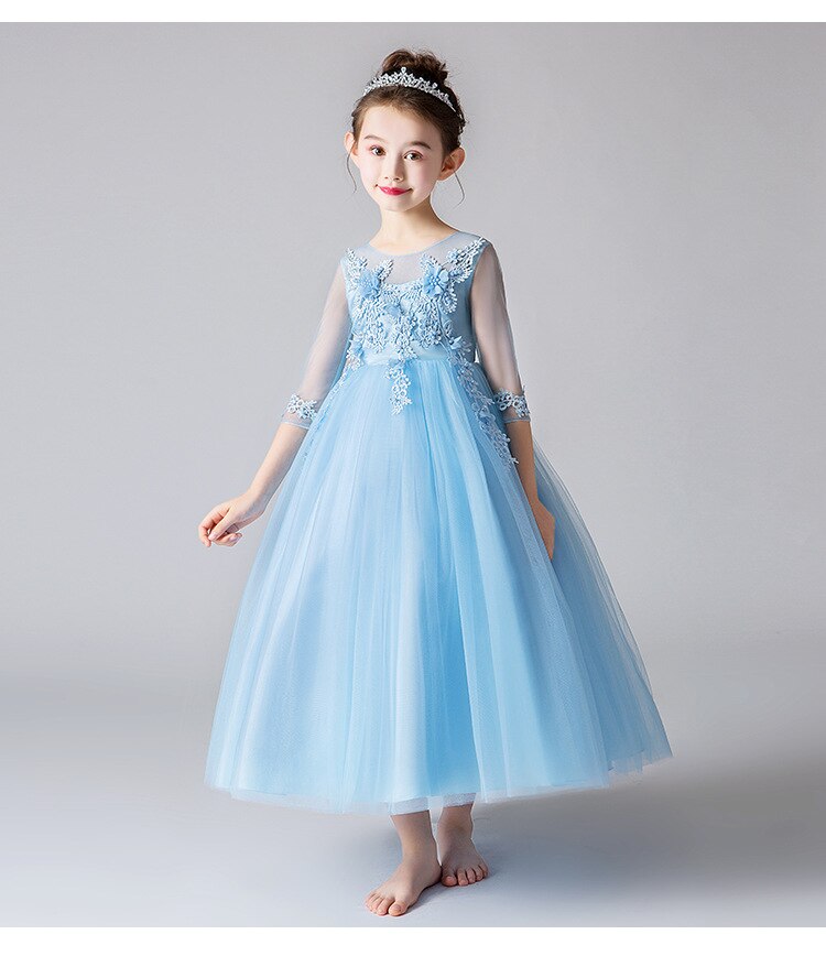 Girl's dress Birthday Banquet Embroidery Dress Girls School Party Dinner Dresses for Graduation Ceremony vestido chines: blue / 120
