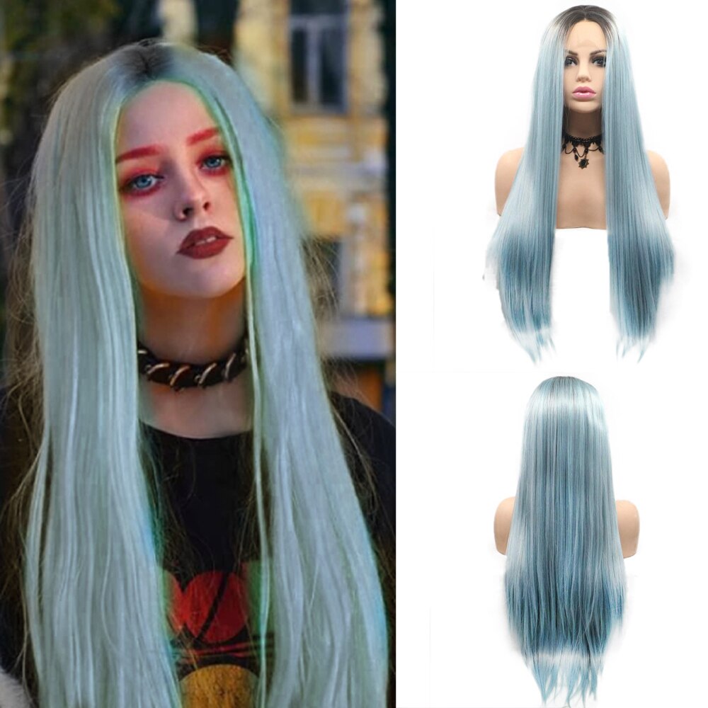 Peluca larga seda con encaje verde fluorescente para mujer, pelo Natural sin pegamento, resistente al calor: ash green blue