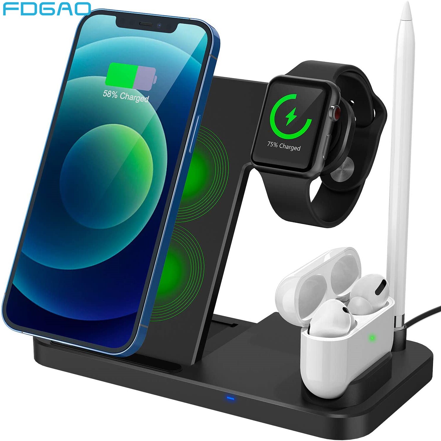 Opvouwbare Draadloze Laadstation 4 In 1 Qi Fast Charger Stand Dock Voor Iphone 12 11 Xs Xr X 8 apple Horloge 6/5/4/3 Airpods Pro