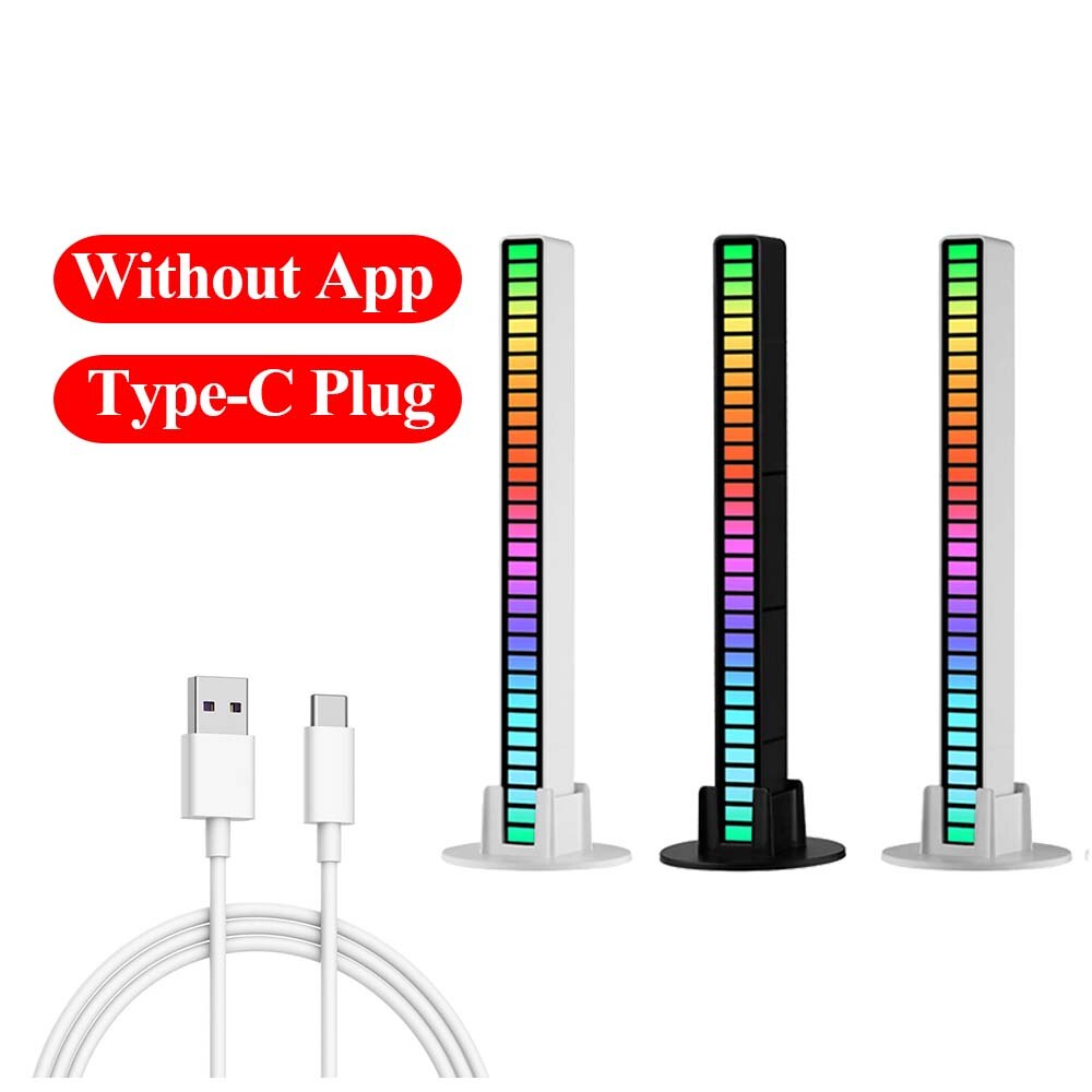 Barra de luz LED RGB para coche y hogar, lámpara ambiental con Control de sonido, música, ambiente, Pickup Rhythm, USB/tipo C, 32 LED: TypeC Plug-in / Plata