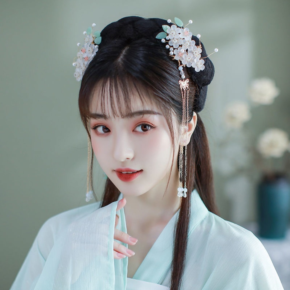 Klassisk blomster kinesisk stil hårnålesæt kvast til boller hanfu hårpind perler hovedbeklædning sommerfugl hårkam kvinder
