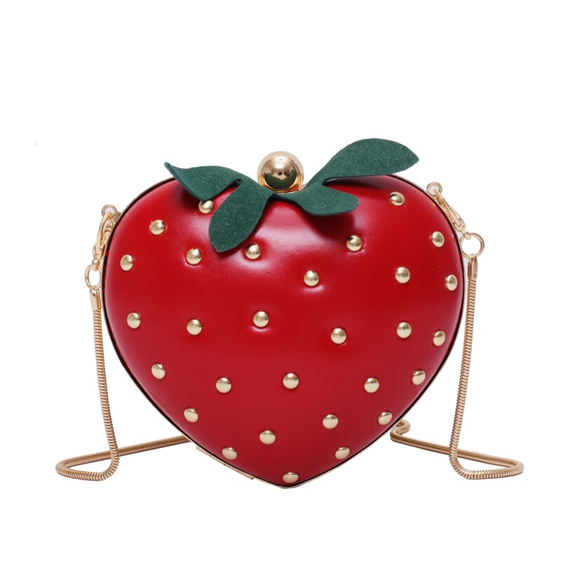Sac à main en forme de fraise pour femmes, petit sac à bandoulière avec chaîne en métal, porte-monnaie cloutée: Rouge