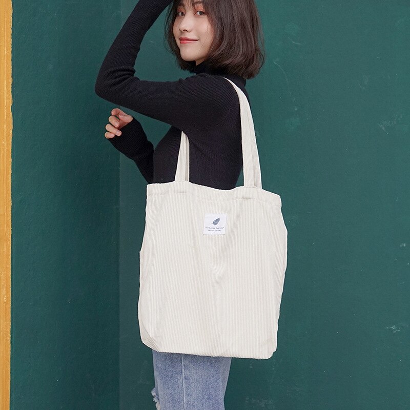 Women Corduroy Canvas Tote Handbag Female Cloth Shoulder Bags Young Ladies Casual Shopping Bag Girls Reusable Folding Bags: Beige White