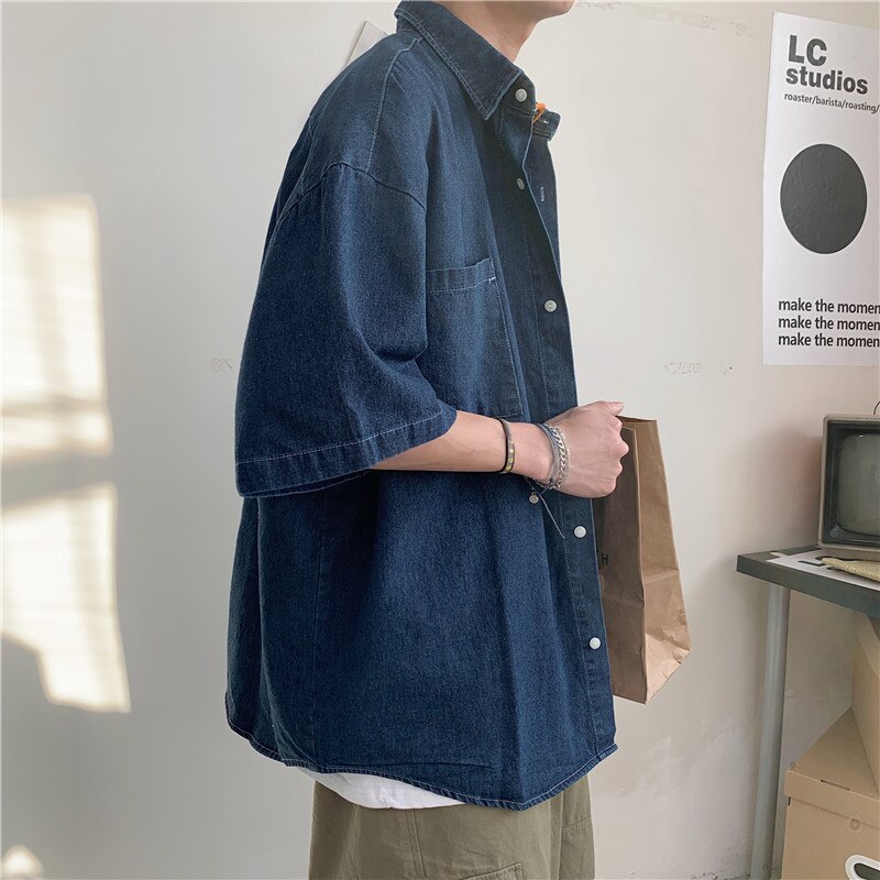 2021Mens Summer Denim Shirts Thin Short Sleeve Soft Cotton Shirt Men Pockets Slim Slight Elastic Jeans Cowboy Shirt