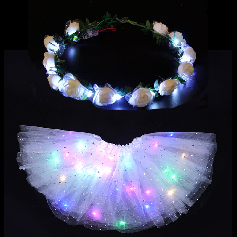 Jupe Tutu lumineuse LED pour femmes et filles, guirlande de fleurs, bandeau, , vêtements de fête néon, Costume de princesse de mariage d&#39;anniversaire: white star skirt A