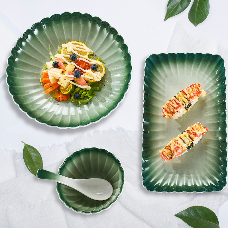 Kitchen Cutlery Set Nordic Creativity Deep Dish Dinner Plate Gradient Green Ceramic Plate Bowl Home Steak Western Food Tableware
