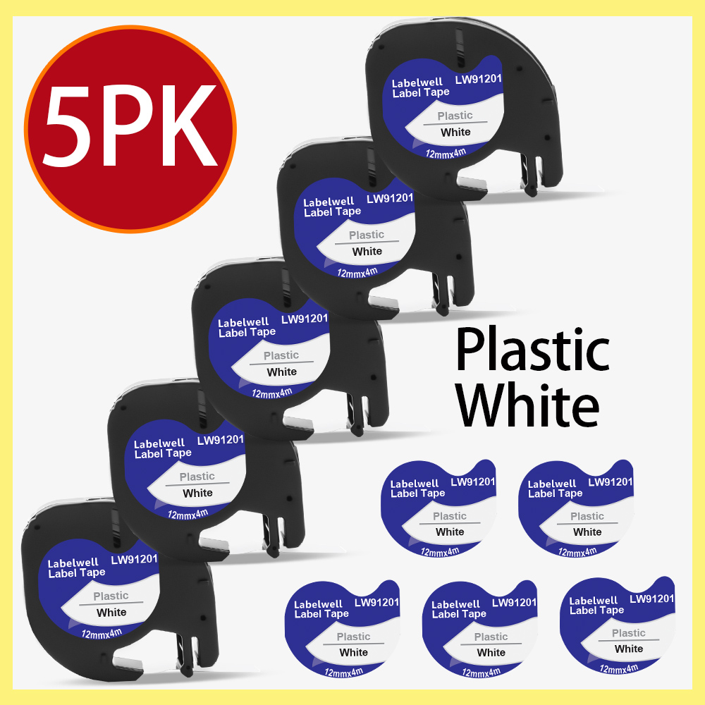 Labelwell 7PK 91202 91222 91332 plastikowa etykieta dla Dymo LT 12mm taśmy LT 91201 91200 91203 91204 12267 dla Dymo LetraTag LT-100H: 5PK 91201 White