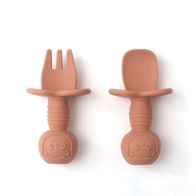 Juego de 2 unids/set de vajilla de silicona para bebé, utensilios de entrenamiento de autoalimentación, de fácil agarre, tenedores de mango corto: S10