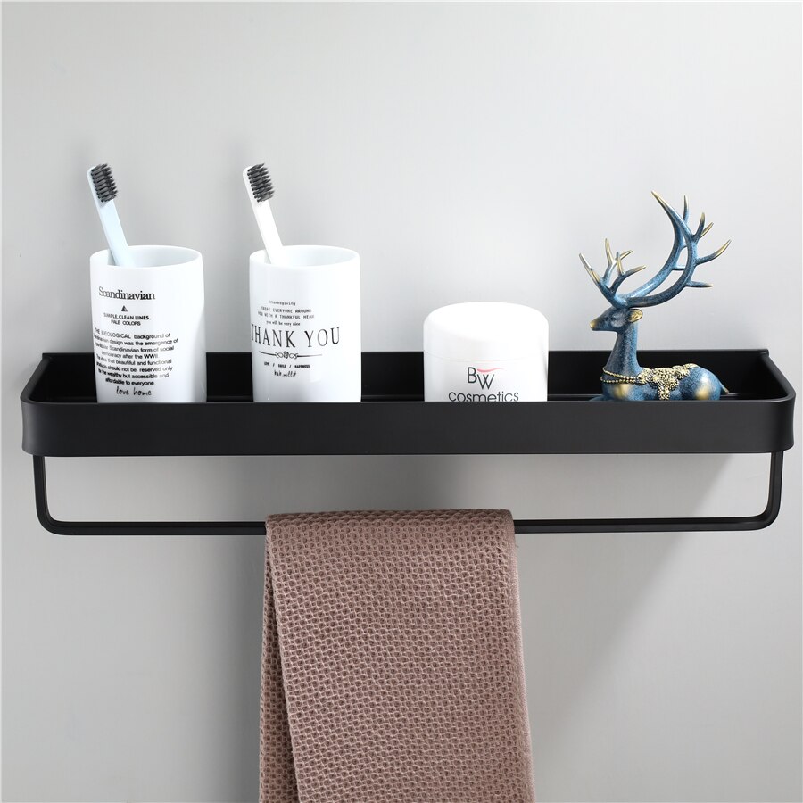 Bathroom Black Shelf with Towel Bar Space Aluminum Corner Shelves Towel Rack with Hook Shampoo Holder Kitchen Storage Rack