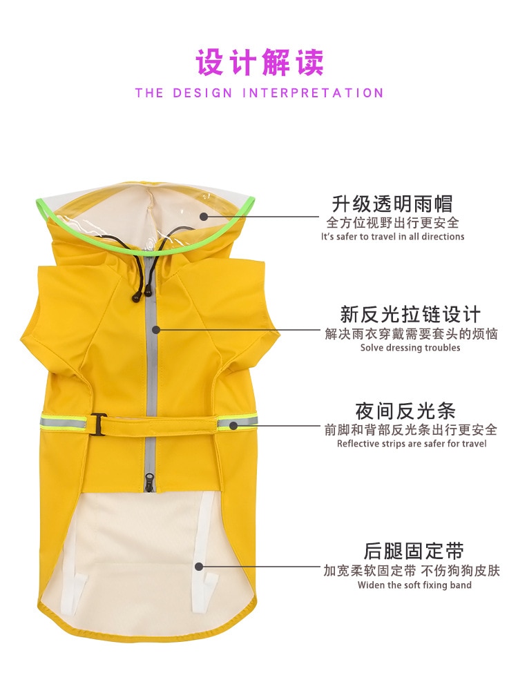 Dog Raincoat Pet Rain Coat for Dog Clothes Hoodies with Hat Reflective Tape Waterproof Rain Jacket for Medium Large Dog slicker