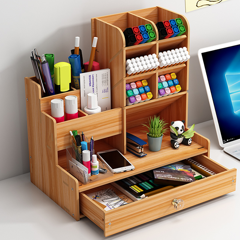 Desktop Pen Holder Wooden Pencil Organizer Students Stationary Storage Box Office School Stand Case Cosmetic Makeup Supplies