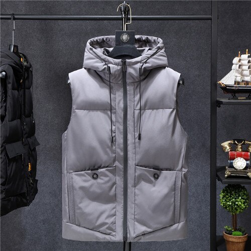 Winter Jassen Casual Dikke Vesten Mannen Mouwloze Hoodie Jassen Mannelijke Katoen Gevoerde Warme Slanke Grote Pocket Vest: Grijs / XXXL