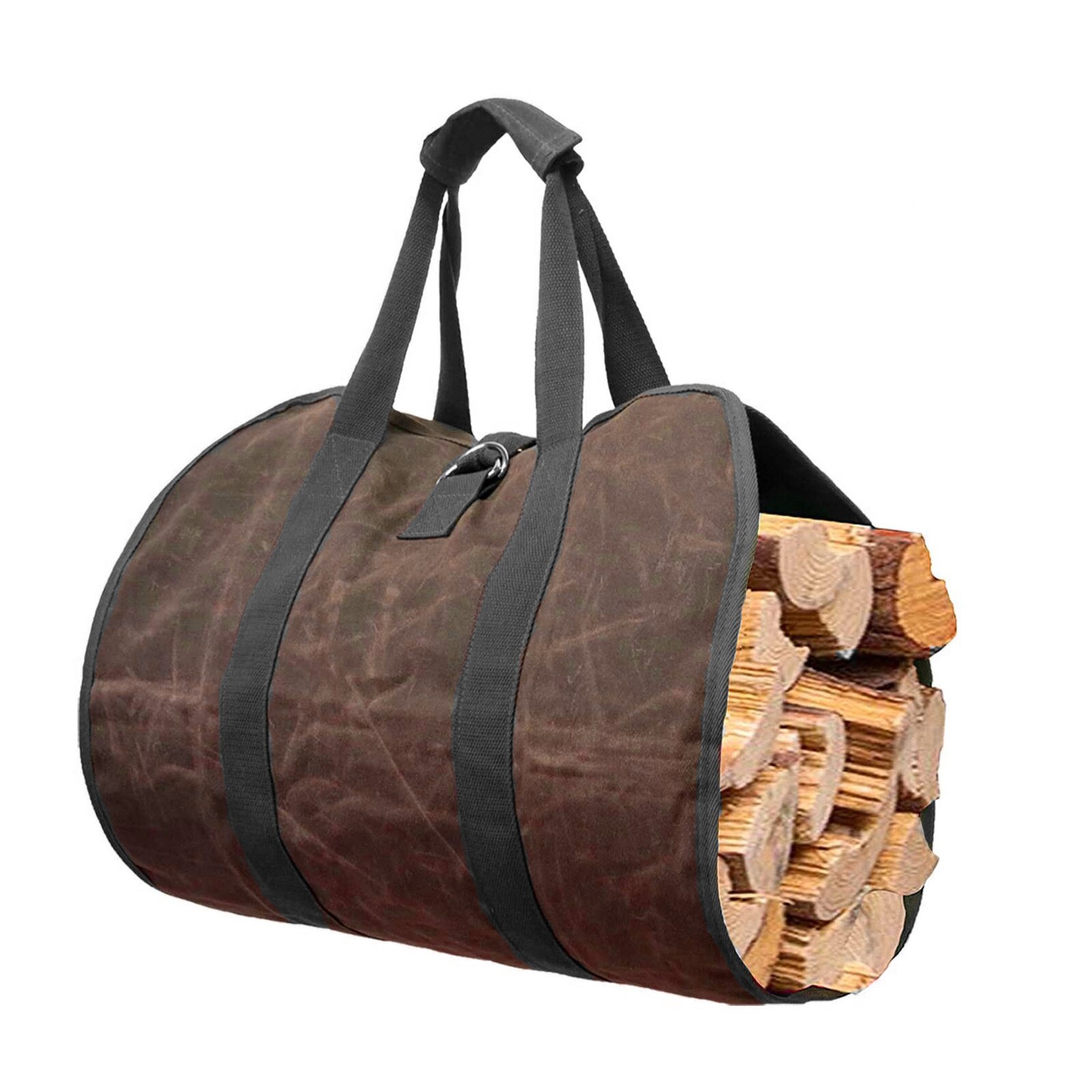 40# Canvas Waxed Firewood Fireplace Carrying Bag, Outdoor, With Wooden Handles Wood Carrier For Fireplace Waxed Canvas Bag: Default Title