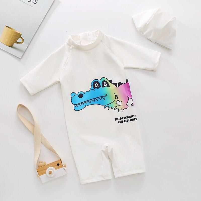 Jongen Badpak Set Cartoon Animal Print Rits Playsuit En Cap Twee Stuk Pak Voor Zwemmen Strand: 18m