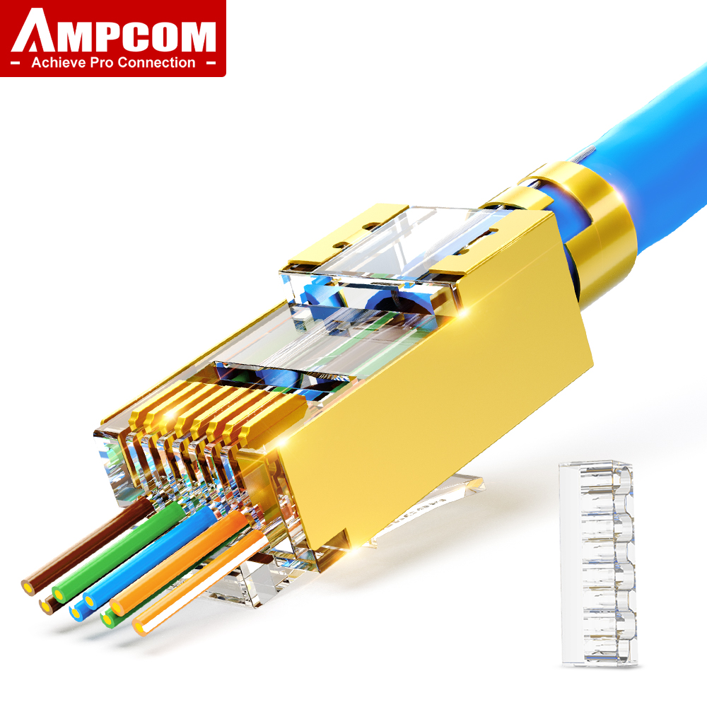 AMPCOM CAT7 RJ45 Connector, Pass Through CAT6A rj 45 Ethernet Plug for CAT 7 Solid or Stranded Network Cable with 1.5mm Load Bar: Red / 0.9m