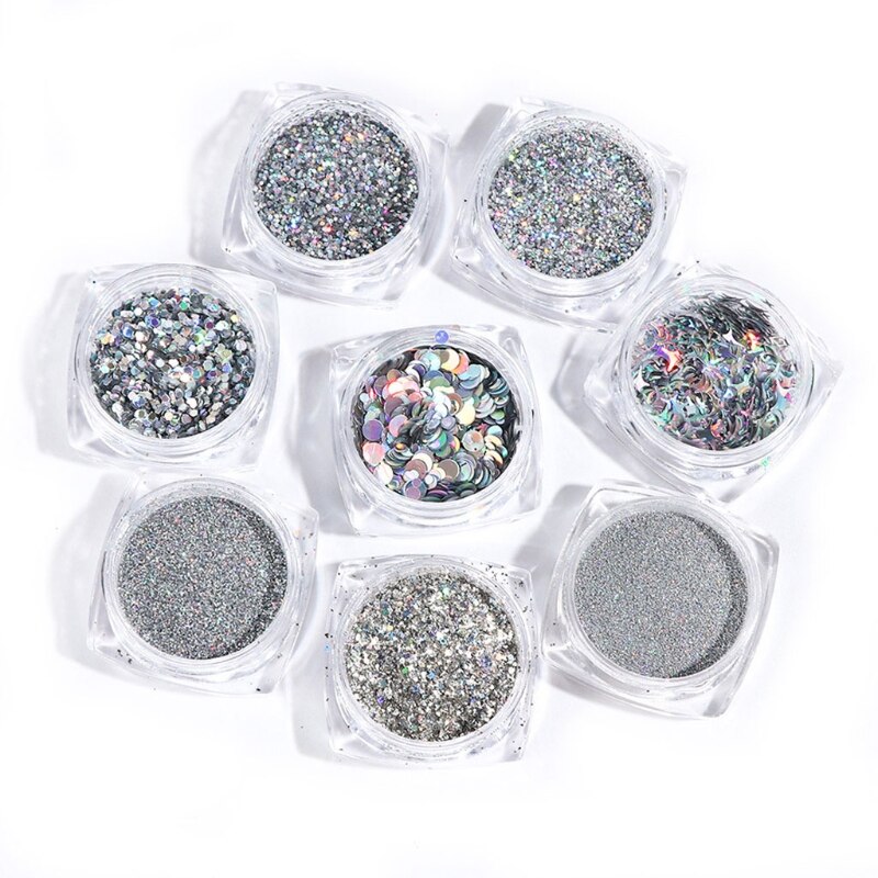 8Pc Holographic Silvery Fine Glitter Epoxy Resin Metallic Silver Festival Sequin W8EB