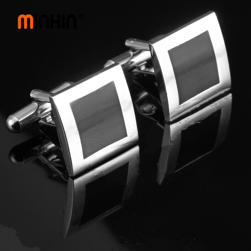 MINHIN Style Black Geometry Cufflinks For Mens Business Shirt Cufflink Silver Plated Cufflinks 1 Pair