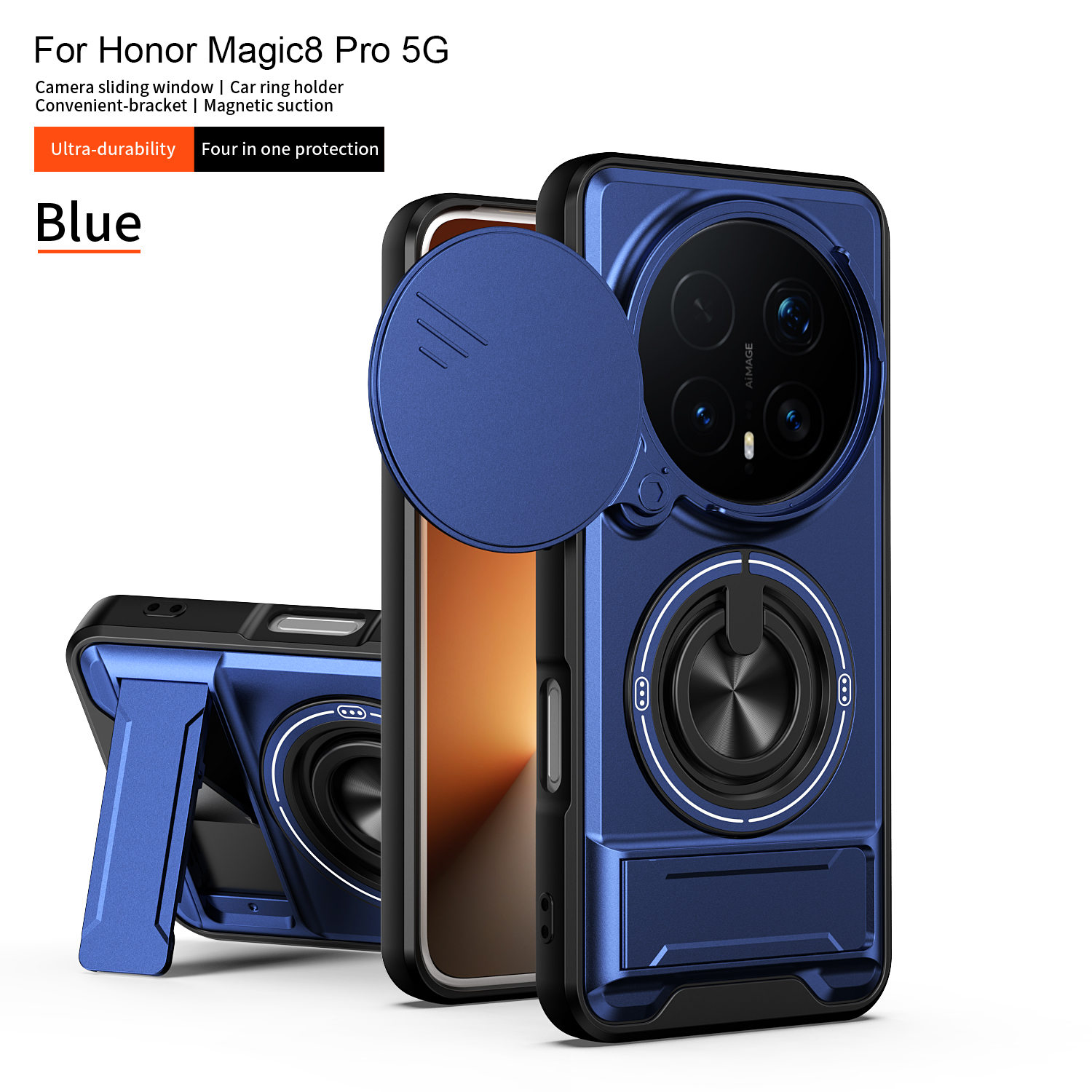Panzer-Handyhülle für Honor Magic 8 Pro 5G mit Objektivschutz, Magnetring-Ständer und Rückenschale für Magic 8 7 6 5 4 Lite: ABS / Blau