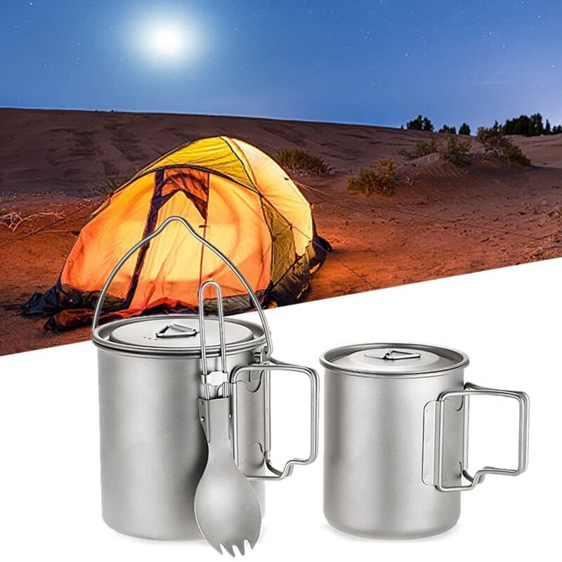 na wolnym powietrzu kemping tytanowy kubek 750Ml garnek + 450Ml kubek + lekka łyżka, tytanowy kubek składany uchwyt z pokrywkami