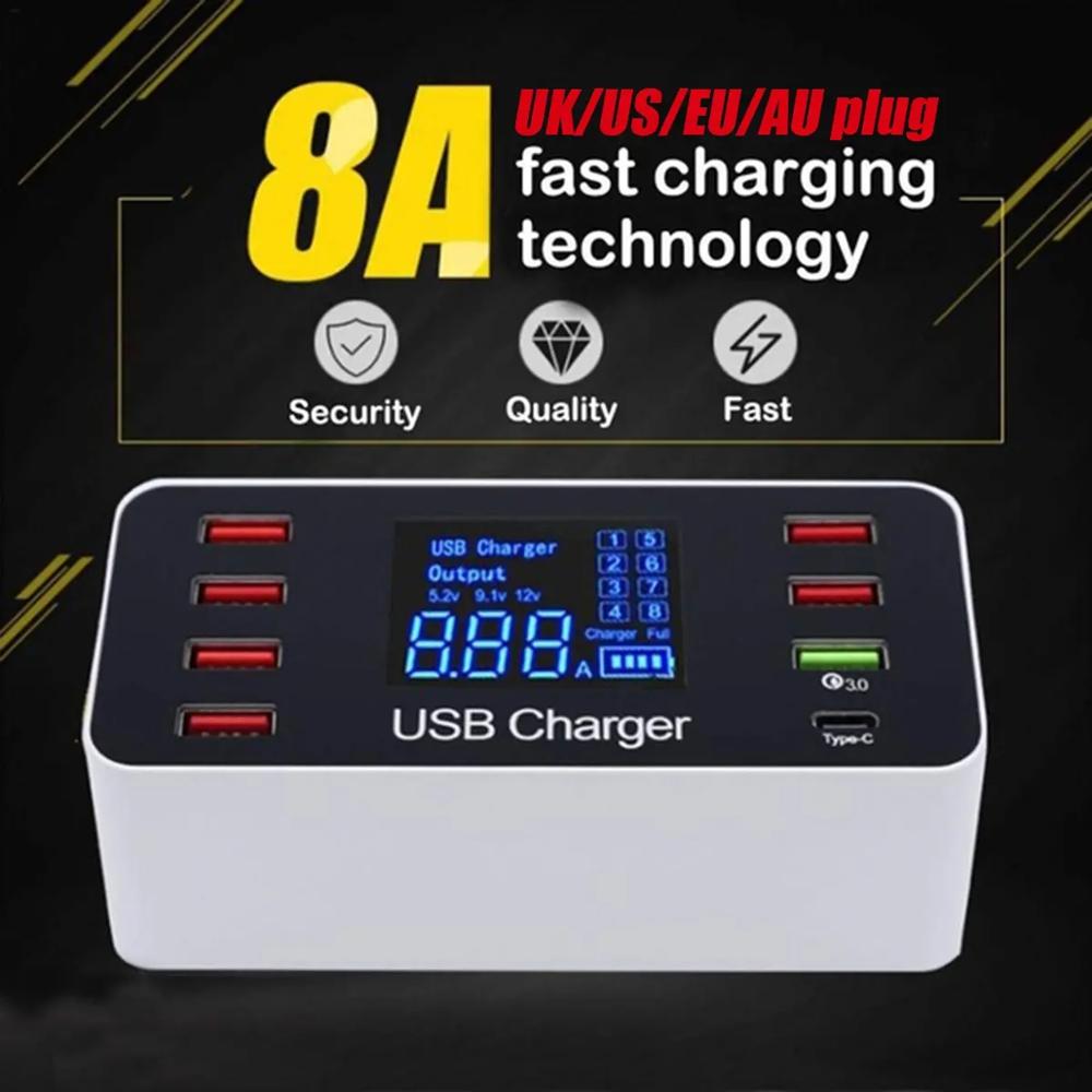 5V/8A Meerdere Poorten Usb Charger Desktop Laadstation Hub Type C Quick Charge 3.0 Lcd Display Mobiele telefoon Oplader