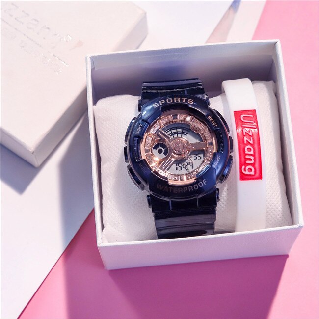Montre numérique de l'amant de la étanche Sport montre-bracelet double temps or haut choc hommes femmes montre-bracelet Led horloge en caoutchouc: Black Rose Gold