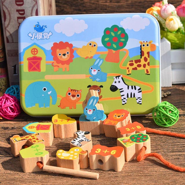 Logwood trælegetøj baby diy legetøj tegneserie frugt dyresnor trådning træperler legetøj monterssori lærerigt for børn: Dyr