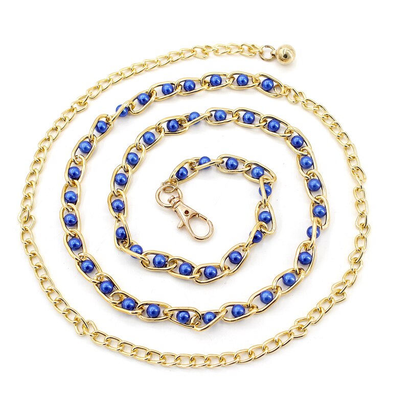 Cinturón de cadena de cintura estrecha con perlas de imitación para mujer, accesorios para vestido de tirantes, 9 colores: royal blue