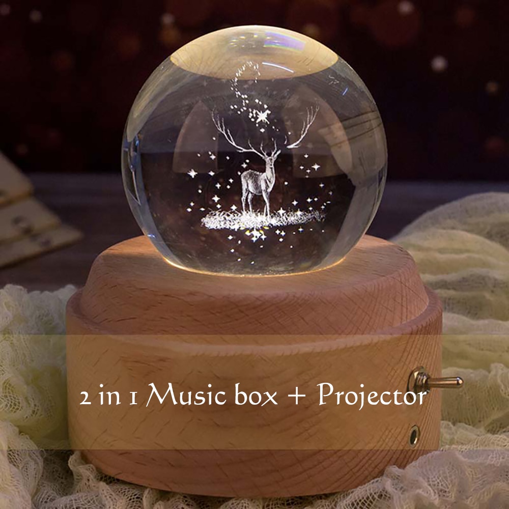 Sfera di cristallo di Legno Carillon Musicale Scatola Luminosa del proiettore Rotante Innovativo Regalo Di Compleanno Carillon A Manovella A Mano Meccanismo di Regalo
