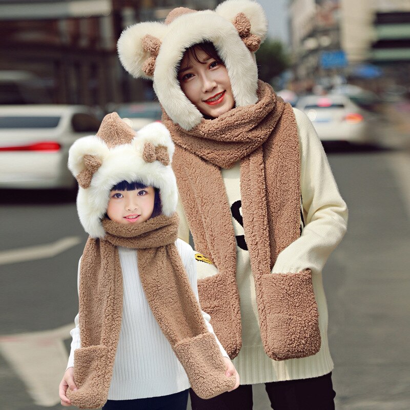 Foux Bomber Hats Women Kids Parent Child Winter Bear Ears Russian Cap Scarf Neck Gloves Snow Warm Baby Boy Girl Ushanka Trooper