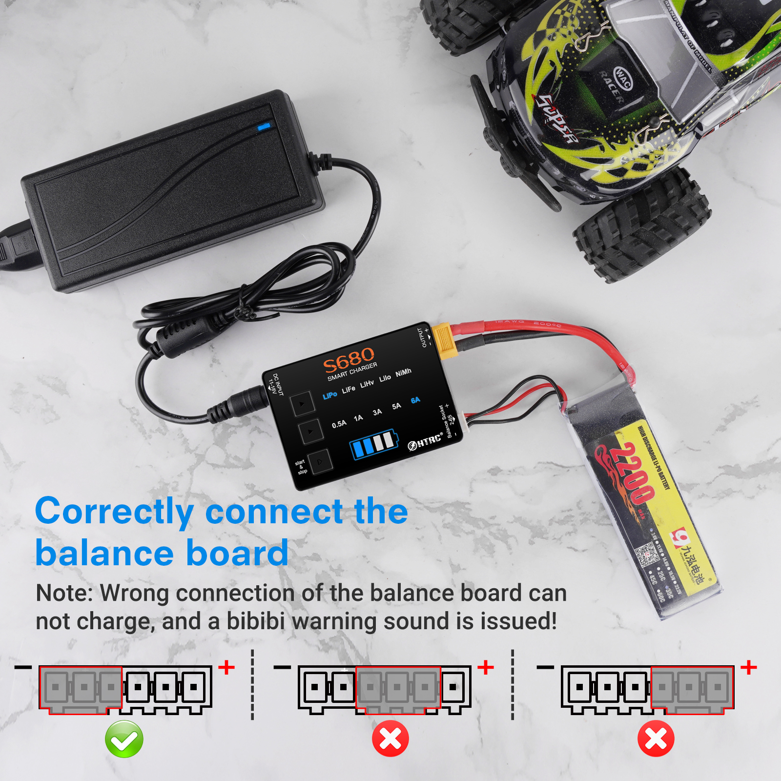 HTRC S680 80W 6A Lipo Charger For 1-6s Lipo/LiFe/LiHv/Lilon/1-15s Nimh Battery AC to DC Mini RC Charger With 15V6A Adapter