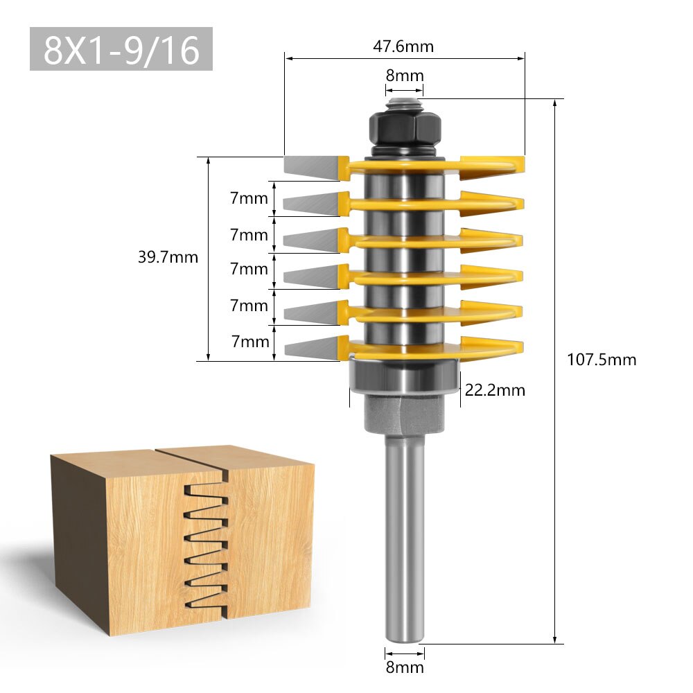 LAVIE 1pc 8mm 12mm 1/2" Shank Brand 2 Teeth Adjustable Finger Joint Router Bit Tenon Cutter Industrial Grade for Wood Tool: 8mm shank