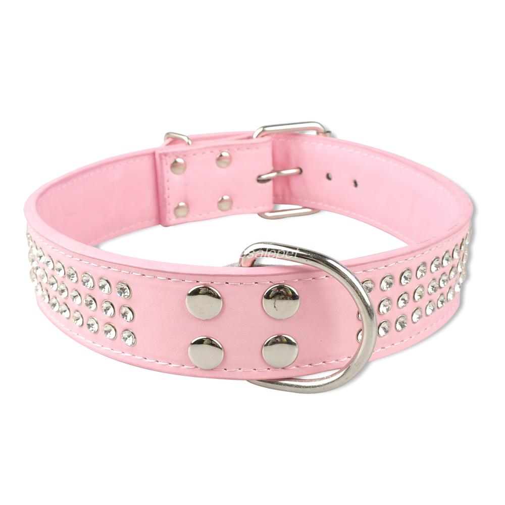 3 Rows Rhinestone Dog Collar Leather Dog Collars 1.5inch Wide For Medium Large Pet 5 Colors 2 Sizes: Pink / M
