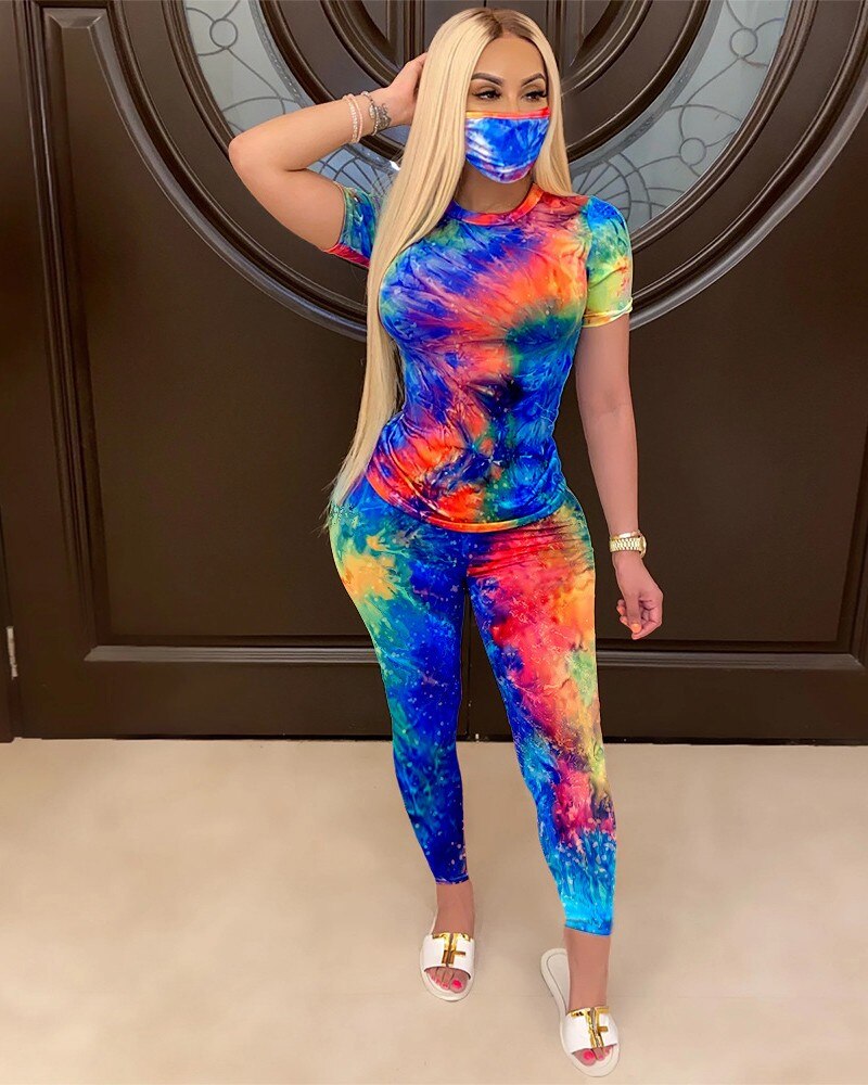 4 kolory kobiety Tie-Dye dwuczęściowy zestaw treningowy kobiet odzież sportowa 2 sztuka ćwiczenia strój dresy (bez maski): S / Colorful