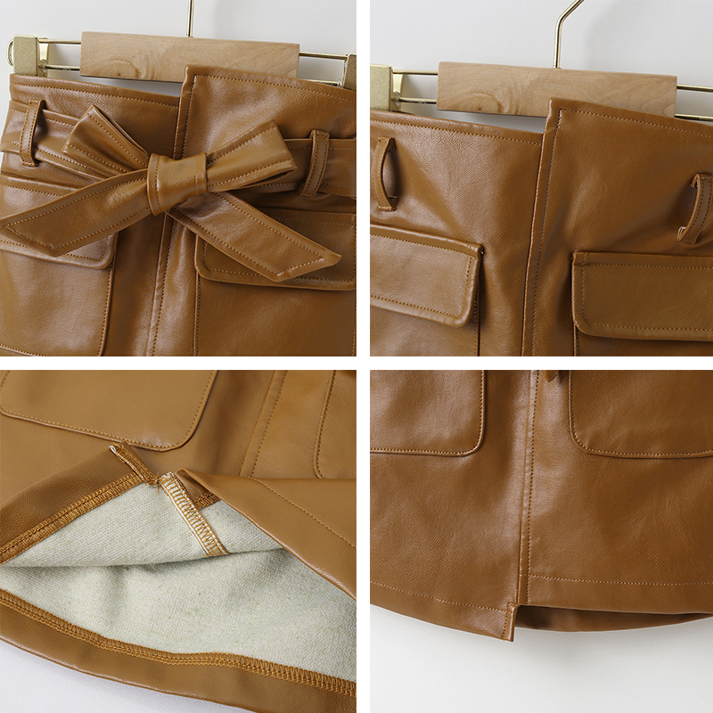 Dzieci spódnice dziewczyny PU skórzane spódnice łuk kieszeń pas dziewczyny spódnica nowa skórzana dziewczyna krótkie spódniczki 3-7 lat odzież dziecięca