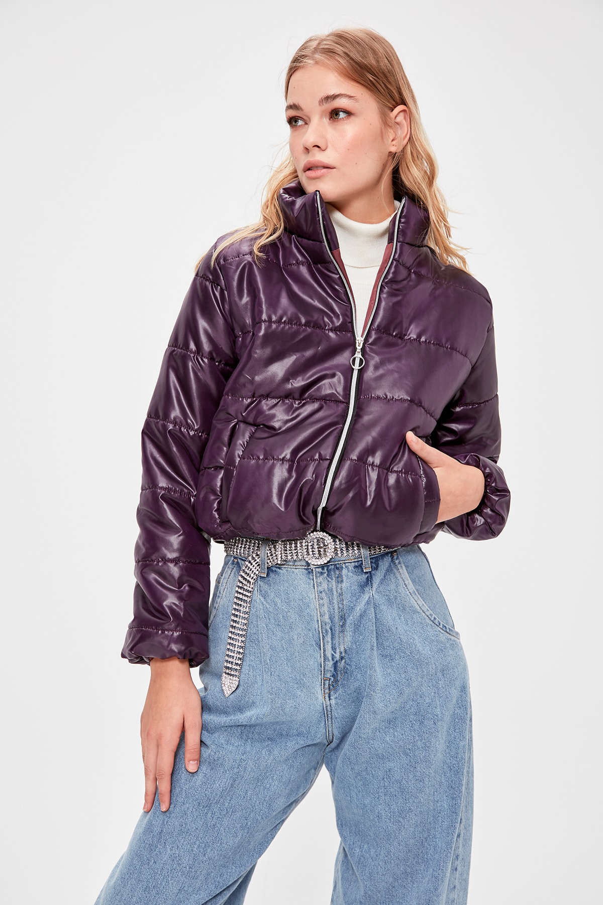 Trendyol Damson Zipper It Should Cover Upright Collar Inflatable Crop coats TWOAW20MO0088