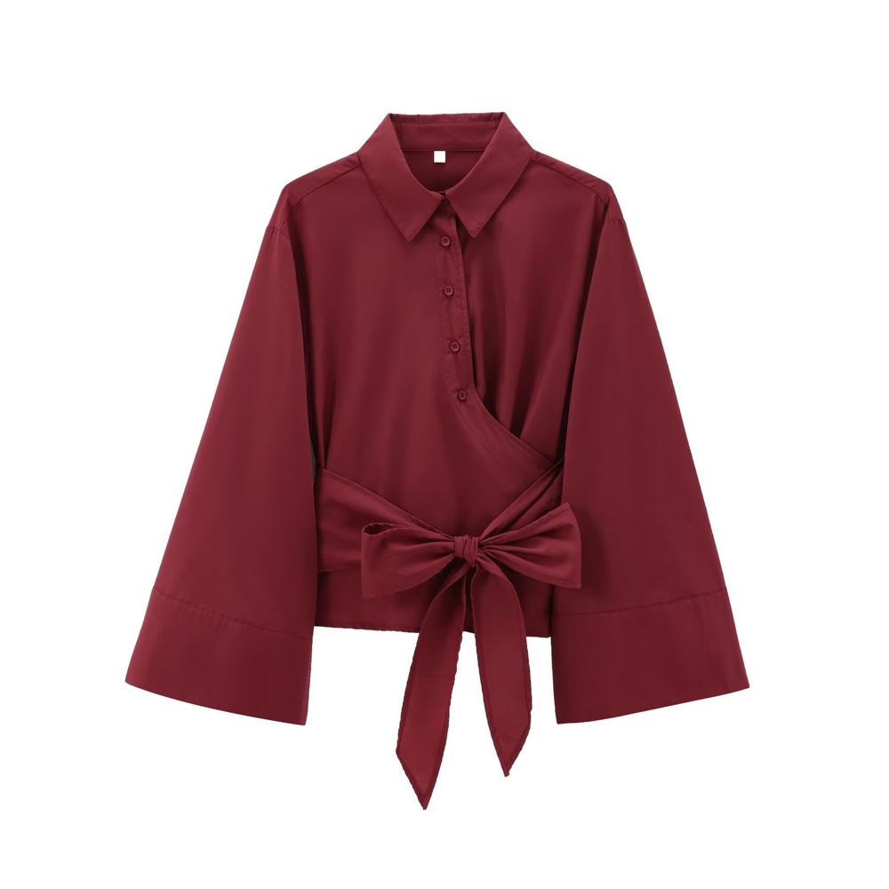 TRZA-Women's Long Sleeve Kimono Blouses With Bow Tie, Front Button, Female Shirts, Chic Tops,: M / Red