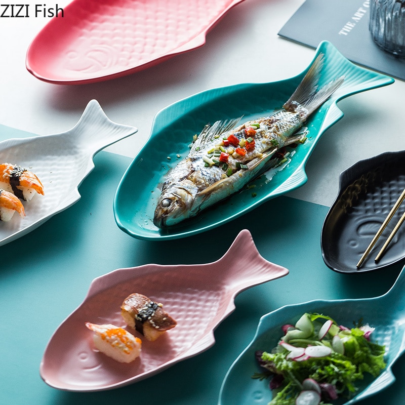 Fiskform keramik tallrik sallad sushi biff frukost tallrik nordisk enfärgad hushålls köksredskap